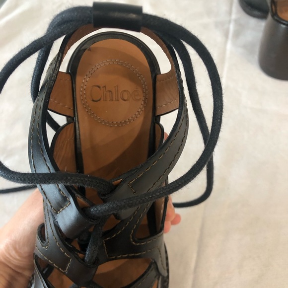 Chloe Black Leather Lace Up Shoes Gaile Gladiator Heeled Sandal Size 37.5 - Picture 5 of 6